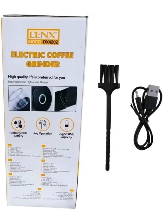 Denx DX4202 Portable Electric Coffee Grinder, USB-C Rechargeable, 13W Ceramic Burr System, 200ml Capacity, One-Button Operation, Compact Travel Grinder for Home, Office & Outdoor Use - Image 5